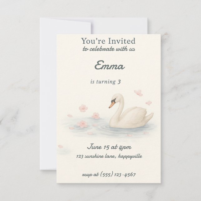 Invitation Fille's mignonne cygne princesse anniversaire Invi (Devant)