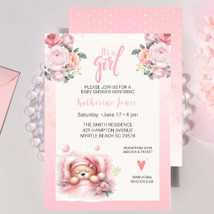 Invitation Filles mignonne Ours couchant Baby shower Floral