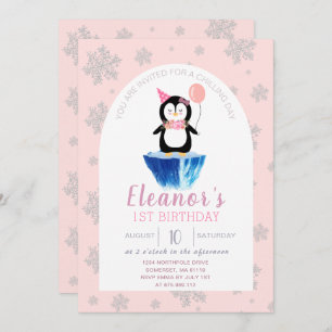 Invitation Filles mignonne Penguin hiver rose Anniversaire