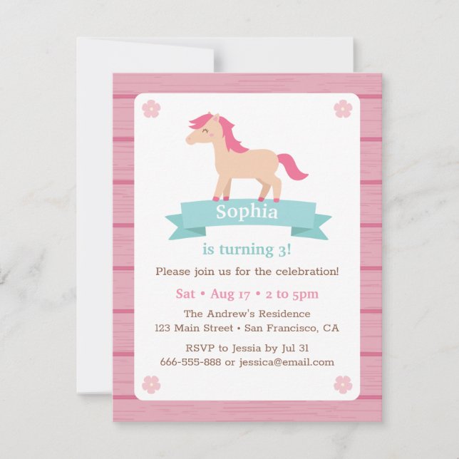 Invitation Filles mignonnes de chevaux Fête d'anniversaire ro (Devant)