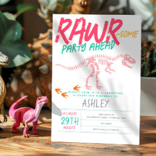 Invitation Filles mignonnes Dinosaure Rose Dinosaure Annivers