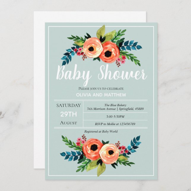 Invitation Filles mignonnes fleurs Baby shower de fleurs bota (Devant / Derrière)