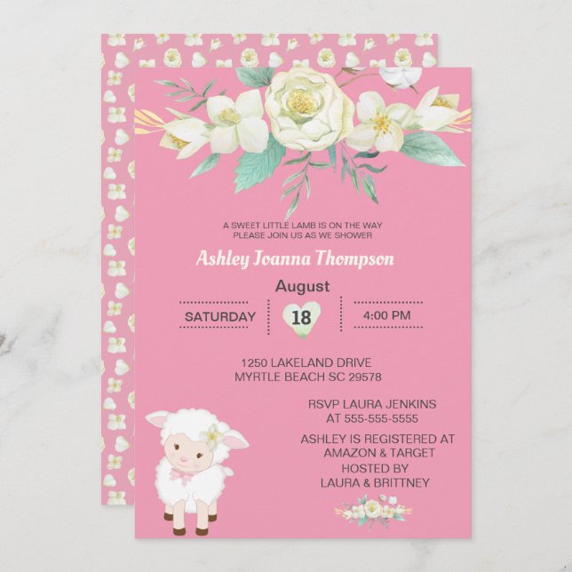 Invitation Filles mignonnes Lamb Floral Baby shower Invitatio (Devant / Derrière)