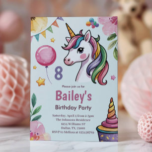 Invitation Filles Mignonnes Licorne Pastel Enfants 8ème Anniv