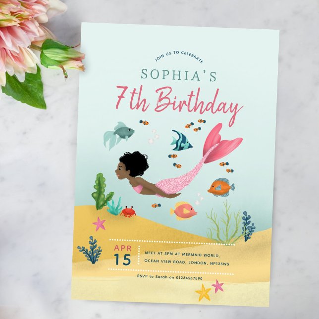 Invitation Filles mignonnes Magique Afro Mermaid 7e anniversa (Créateur téléchargé)