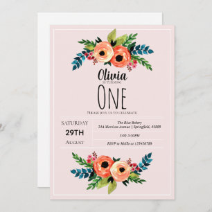 Invitation Filles mignonnes rose 1er Anniversaire Fleurs d'aq