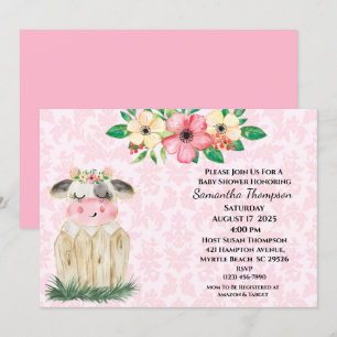 Invitation Filles mignonnes Rose Floral Vache Baby shower Inv