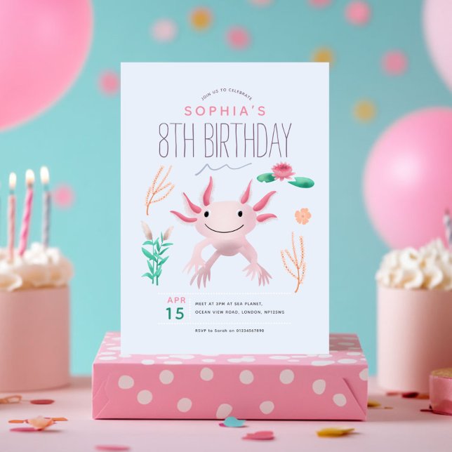 Invitation Filles mignonnes rose Kawaii Axolotl 8e anniversai (Créateur téléchargé)