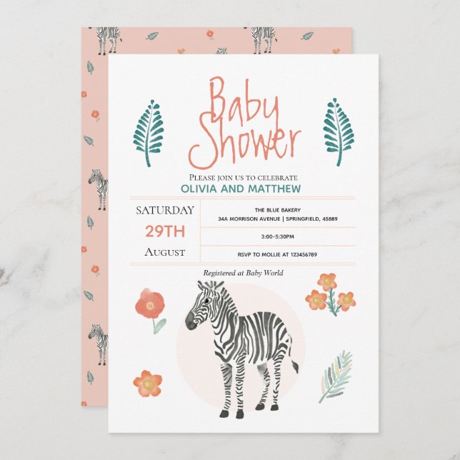 Invitation Filles mignonnes rose Zebra Safari Baby shower Jun (Devant / Derrière)