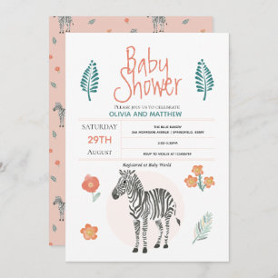 Invitation Filles mignonnes rose Zebra Safari Baby shower Jun