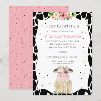 Invitation Filles mignonnes Saint Vache rose Floral fête d'an