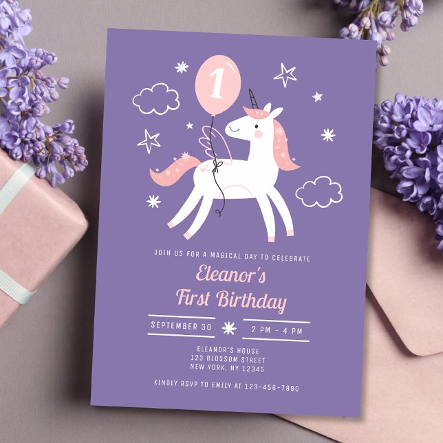 Invitation Filles mignonnes Unicorn rose et violet Anniversai (Créateur téléchargé)