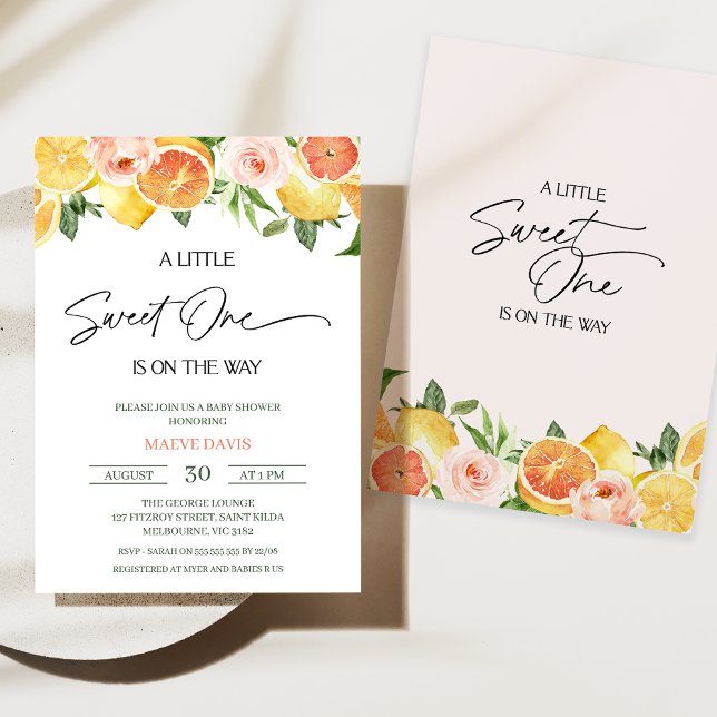 Invitation Filles modernes agrumes floraux sucré un Baby show (Little Sweet One Baby Shower Invitation, Floral Citrus Baby Shower Invitation Girl, Lemons Oranges)