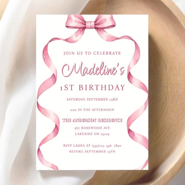 Invitation Filles modifiables Coquette Rose Bow Premier anniv (Editable Girls Pink Coquette Bow First Birthday Invitation)