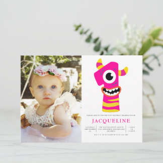 Invitation Filles Monstre Rose 1ère fête d'anniversaire Photo