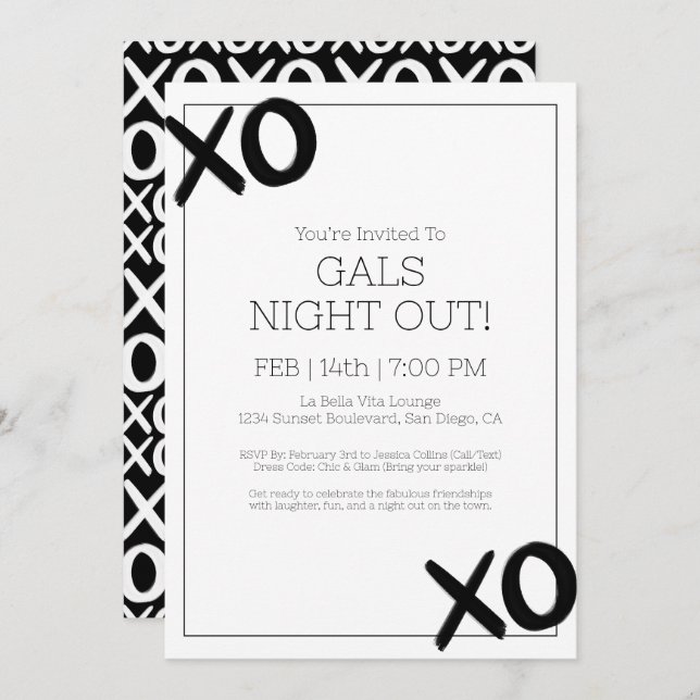 Invitation Filles Night Out XOXO Black White Galentine Party (Devant / Derrière)