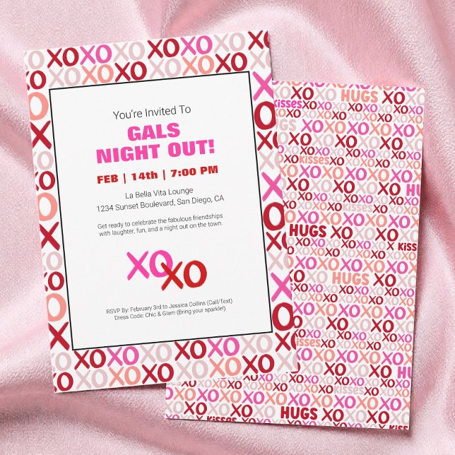 Invitation Filles Nuit Sortir XOXO Rose mignonne Fête de la S (Girls Night Out XOXO Pink Cute Galentine Day Party Invitation)