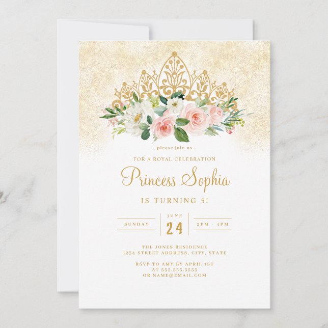 Invitation Filles Or Rose Princesse Couronne Florale Annivers (Devant)