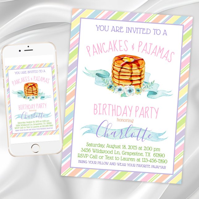 Invitation Filles Pancakes Pajama fête d'anniversaire (Pancakes and pajamas party invitation. Instant download and printed invitations available.)