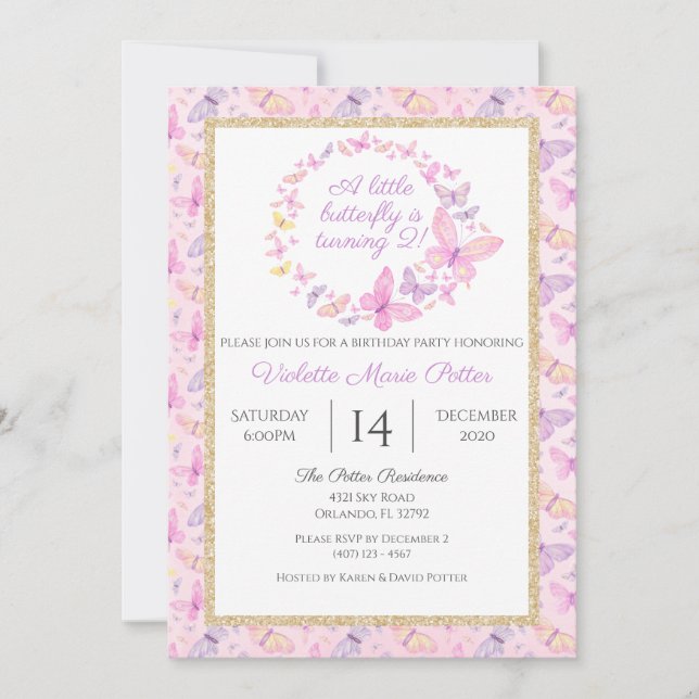 Invitation Filles papillon rose et violet fête d'anniversaire (Devant)