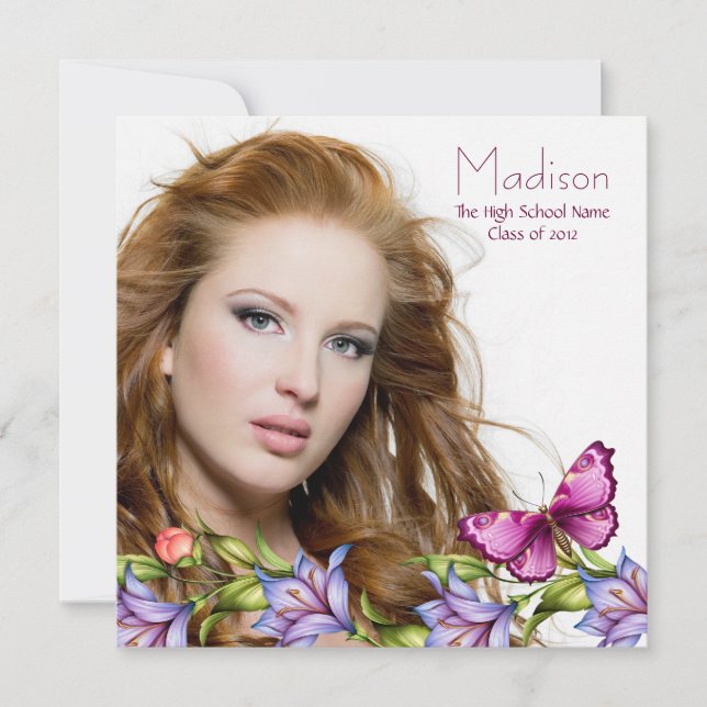 Invitation Filles Papillon rose Fleur sauvage Diplôme photo (Devant)