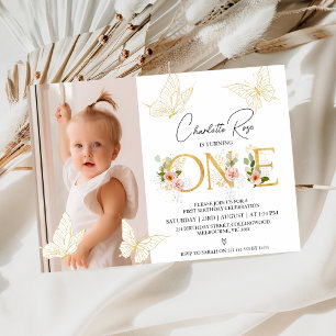 Invitation Filles Papillons rose or Floral 1er anniversaire