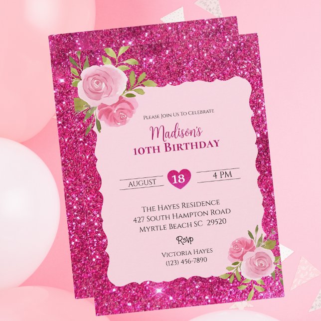 Invitation Filles Parties scintillant rose Floral 10e fête d' (Créateur téléchargé)