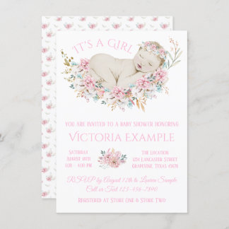 Invitation Filles Pastel Aquarelle Baby shower Floral