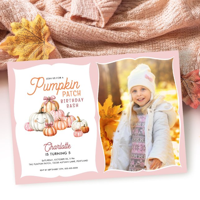 Invitation Filles Patch de citrouilles noeuds photo anniversa (Créateur téléchargé)
