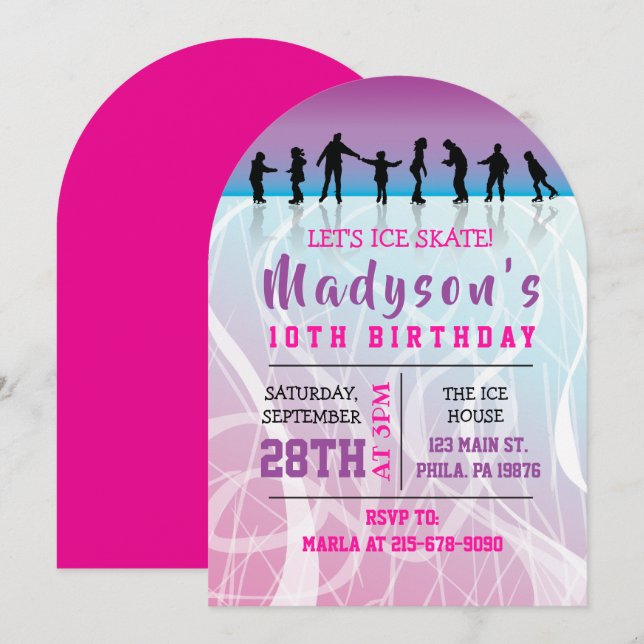 Invitation Filles Patinage ICE SKATING anniversaire de fête I (Devant / Derrière)