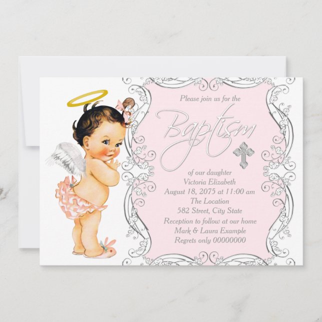 Invitation Filles Petit Ange Baptême Christening (Devant)