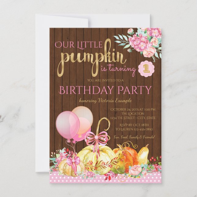 Invitation Filles Petit Citrouille Rustique Bois 1er Annivers (Devant)