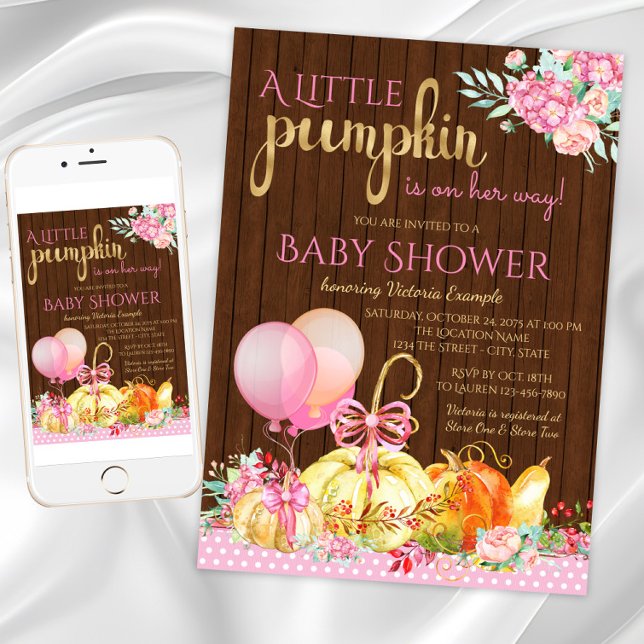 Invitation Filles Petit Citrouille Rustique Bois Baby Shower  (Little pumpkin baby shower invitation. Instant download and printed invitations available.)