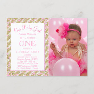 Invitation Filles Photo 1er anniversaire fête Pink Gold Confe