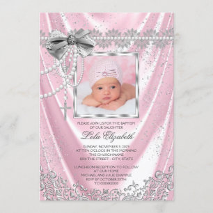 Invitation Filles Photo Baptême Christening Satin Pailleté Ro