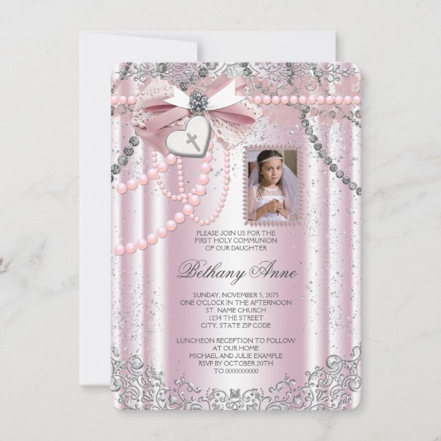 Invitation Filles Photo Croix Rose Première Communion (Devant)