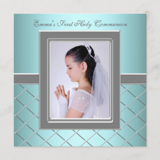 Invitation Filles Photo de première communion bleu sarcelle