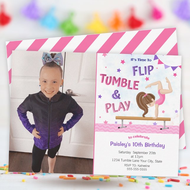 Invitation Filles Photo Gymnastique Anniversaire (Girls Photo Gymnastics Birthday Party Invitation)