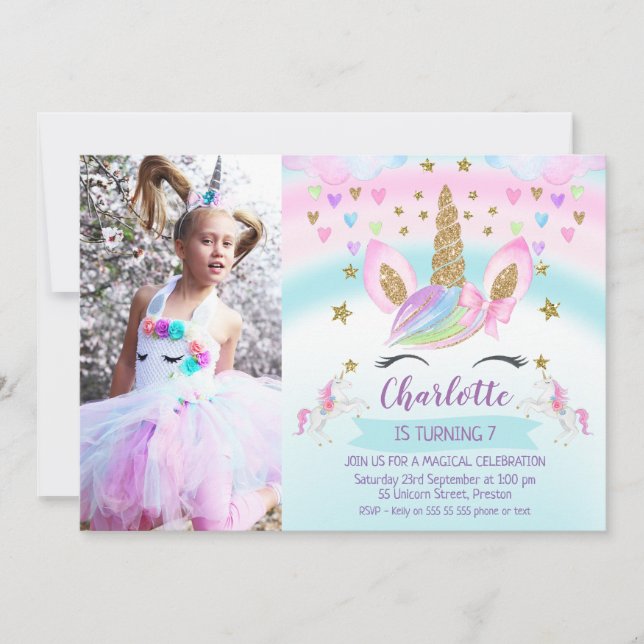 Invitation Filles Photo Pink Bow Unicorn Anniversaire Invitat (Devant)