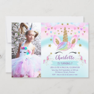 Invitation Filles Photo Pink Bow Unicorn Anniversaire Invitat