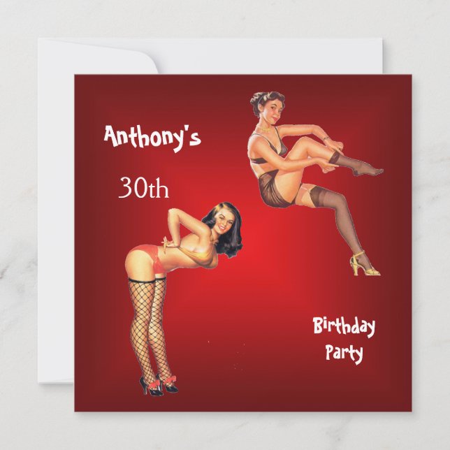 Invitation Filles Pin-up Rouges Fête d'anniversair (Devant)