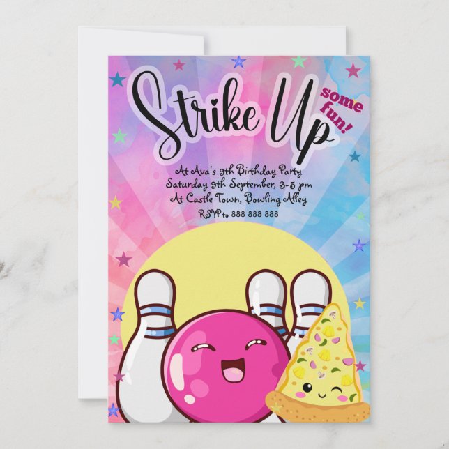 Invitation Filles Pink Bowling Tie Dye Party (Devant)