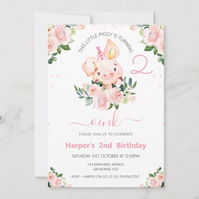 Invitation Filles Pink Floral Ce Petit Anniversaire Piggy (Devant)