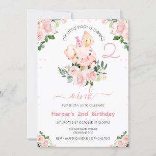 Invitation Filles Pink Floral Ce Petit Anniversaire Piggy