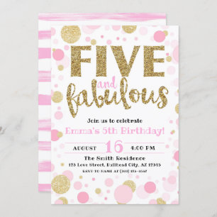 Invitation Fille's Pink & Gold Cinq & Fabuleux 5e anniversair