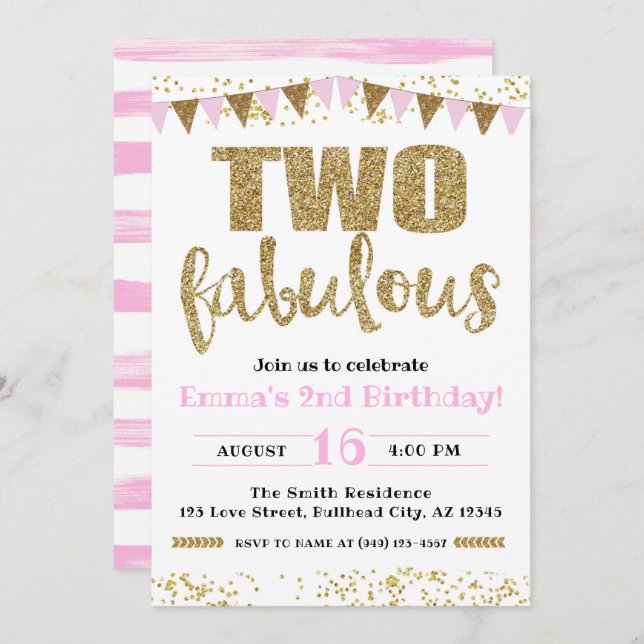 Invitation Fille's Pink & Gold Deux Fabuleux 2e anniversaire (Devant / Derrière)