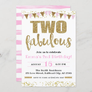 Invitation Fille's Pink & Gold Deux Fabuleux 2e anniversaire