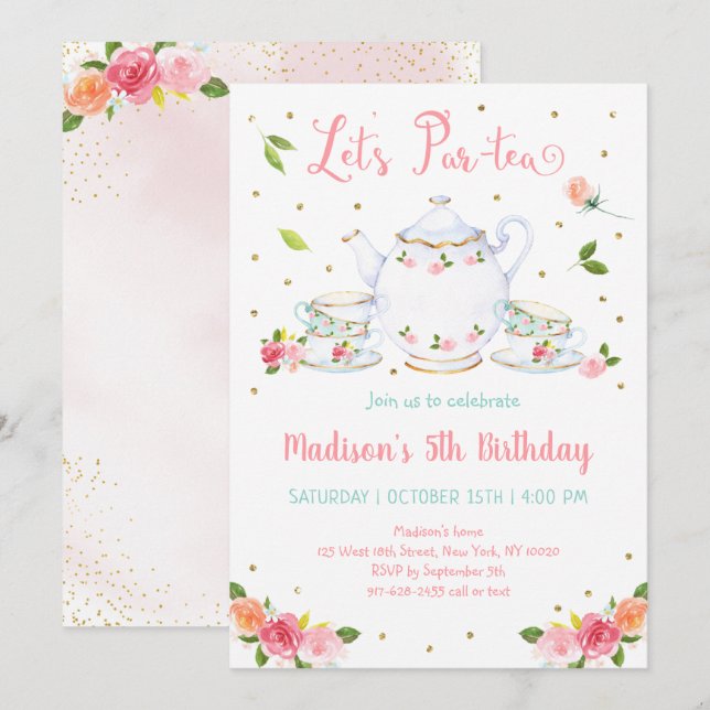 Invitation Filles Pink Gold Floral Tea Party Anniversaire (Devant / Derrière)
