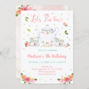Invitation Filles Pink Gold Floral Tea Party Anniversaire