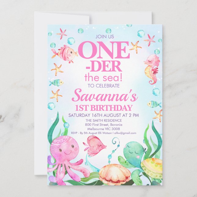 Invitation Filles Pink Octopus Oneder La Mer 1er Anniversaire (Devant)